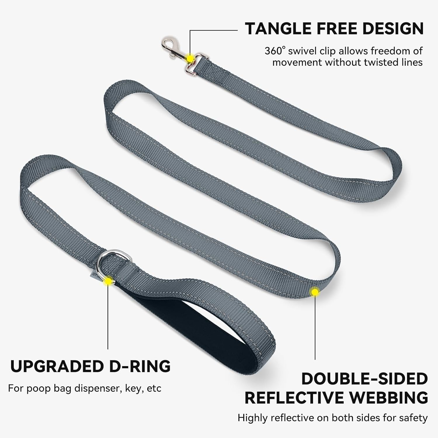 5 FT Double-Sided Reflective Dog Leash with Padded Handle - Heavy Duty Nylon for Small Dogs, Grey