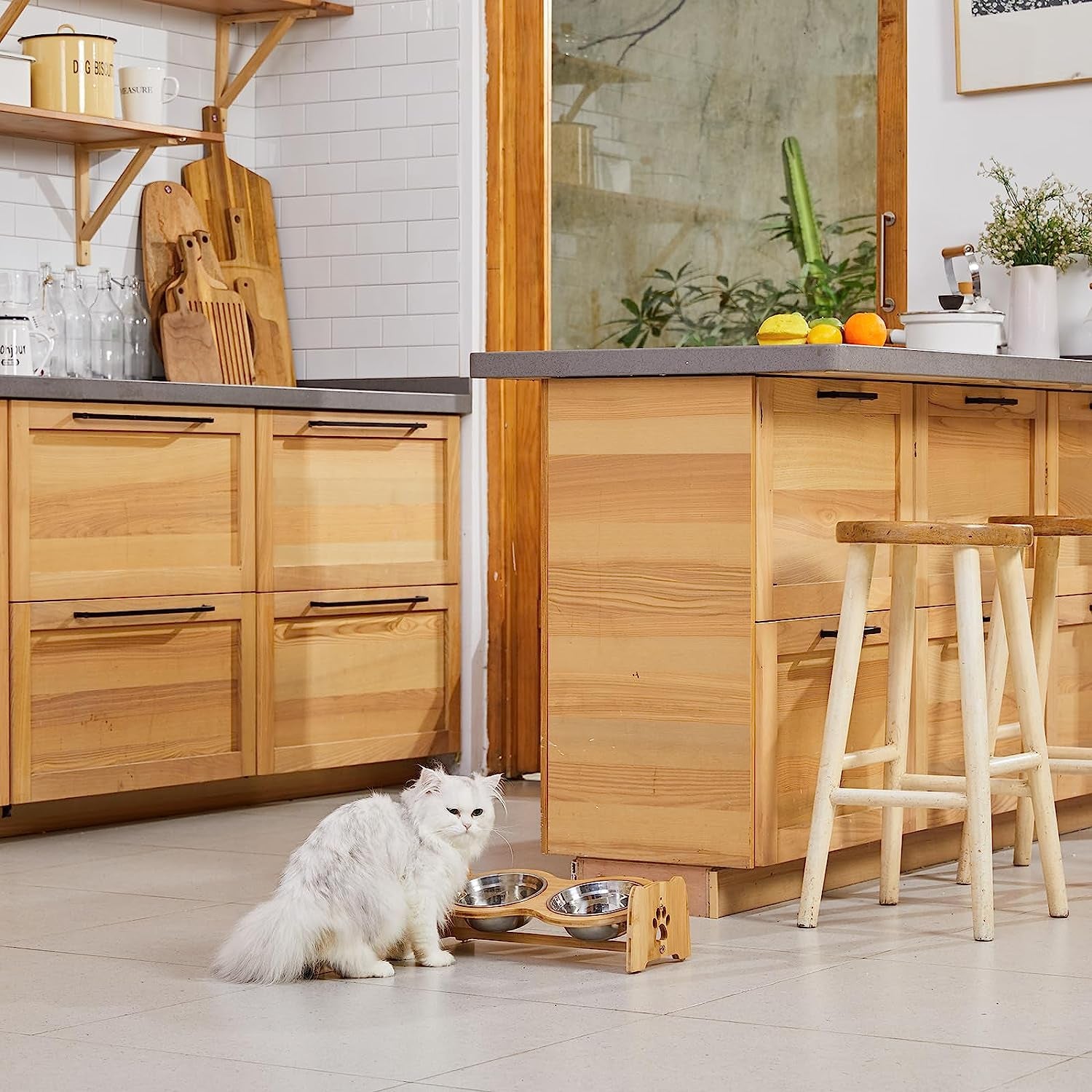 Adjustable Bamboo Raised Dog Bowls for Cats and Dogs - Elevated Food and Water Feeder Set with 2 Stainless Steel Bowls and Anti-Slip Feet (Height 4" to 4.5")