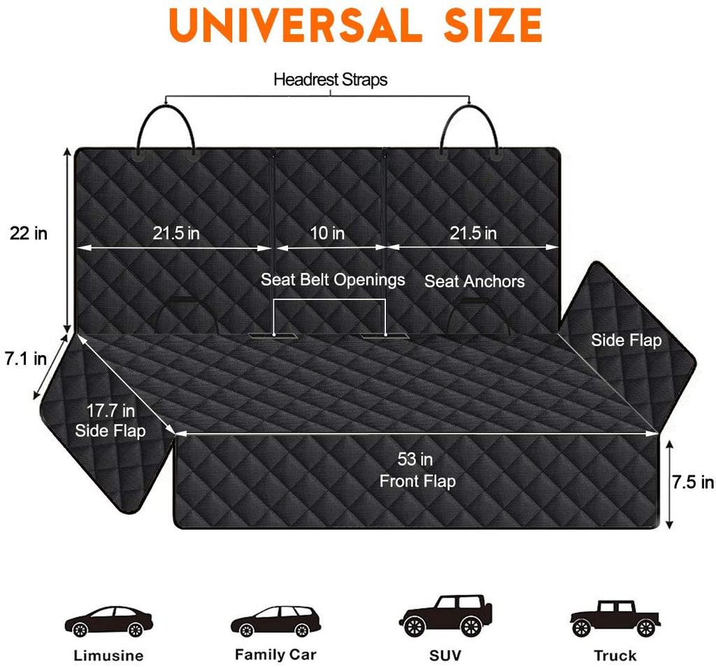 Dog Car Seat Cover - Waterproof Back Seat Protector for Pets, Non-Slip Design with Middle Armrest Compatibility for Most Cars, Trucks, and SUVs - Black