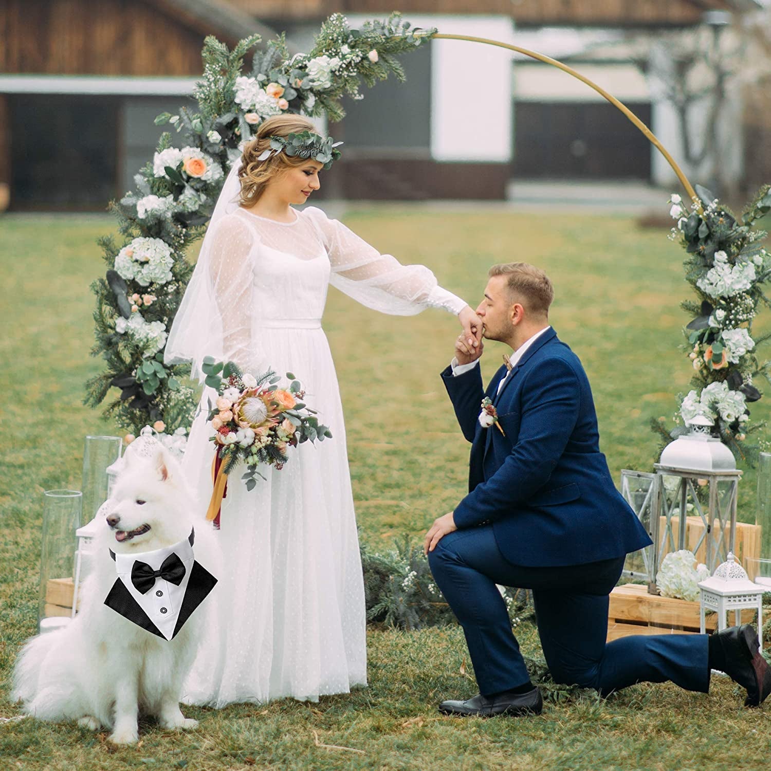 Elegant Dog Tuxedo Wedding Bandana Collar with Adjustable Bow Tie for Large Dogs
