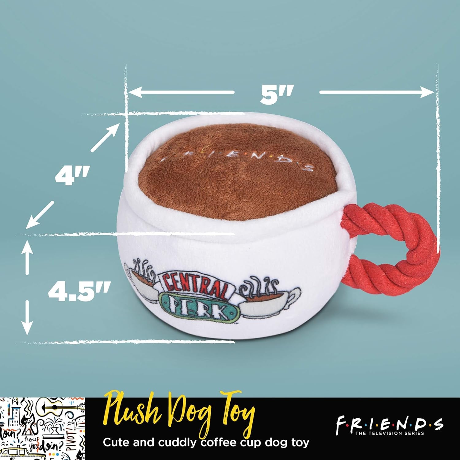 Central Perk Coffee Mug Plush Dog Toy with Rope Handle | Soft Squeaky Toy for Dogs | Stuffed Dog Toy with Squeaker for Added Entertainment, Friends Collectible