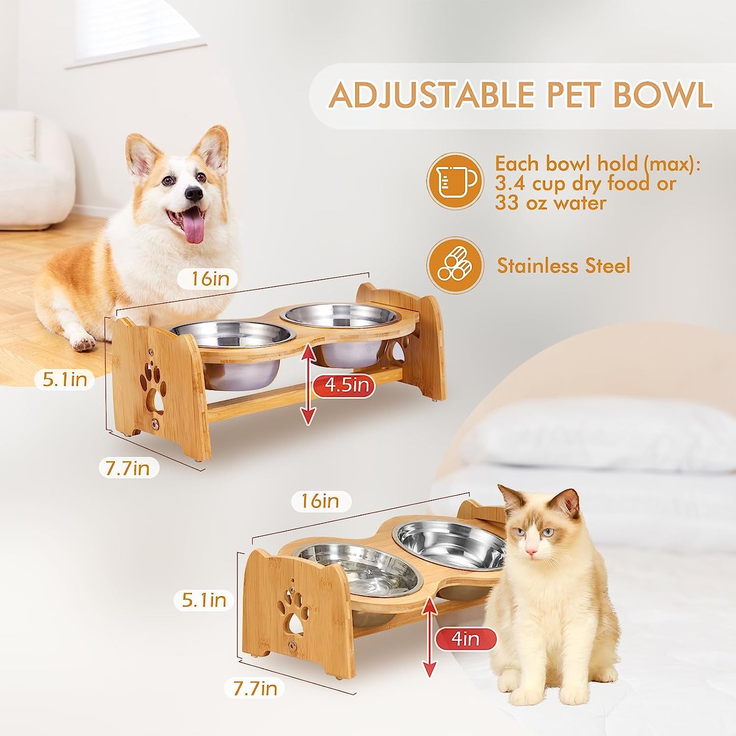 Adjustable Bamboo Raised Dog Bowls for Cats and Dogs - Elevated Food and Water Feeder Set with 2 Stainless Steel Bowls and Anti-Slip Feet (Height 4" to 4.5")