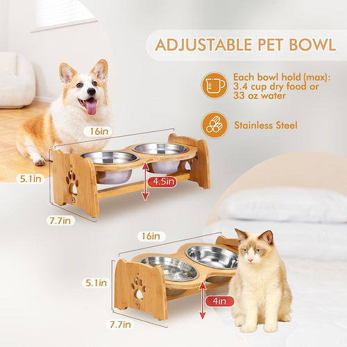 Adjustable Bamboo Raised Dog Bowls for Cats and Dogs - Elevated Food and Water Feeder Set with 2 Stainless Steel Bowls and Anti-Slip Feet (Height 4" to 4.5")