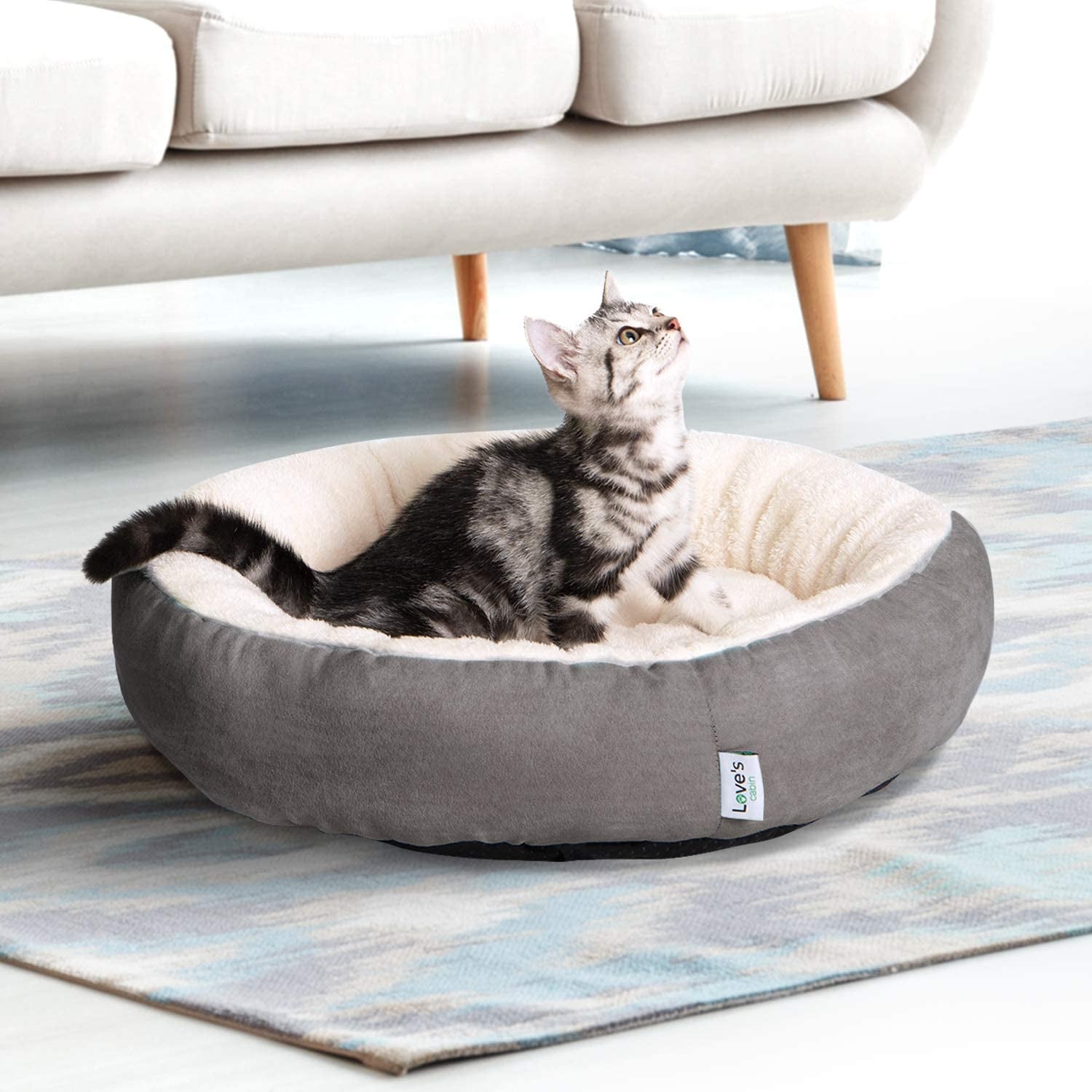 Round Donut Pet Bed for Cats and Small Dogs, 20-Inch Anti-Slip and Water-Resistant Design, Super Soft and Durable Fabric, Washable Luxury Bed in Gray