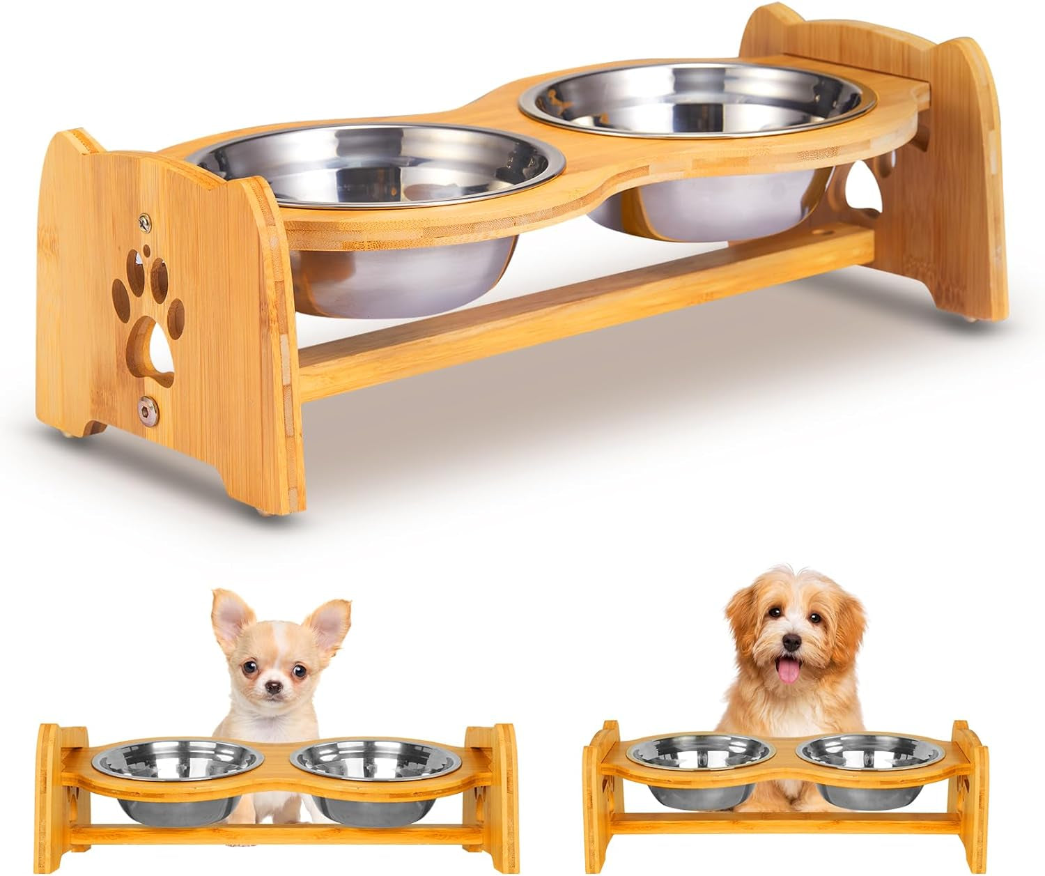 Adjustable Bamboo Raised Dog Bowls for Cats and Dogs - Elevated Food and Water Feeder Set with 2 Stainless Steel Bowls and Anti-Slip Feet (Height 4" to 4.5")