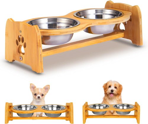 Adjustable Bamboo Raised Dog Bowls for Cats and Dogs - Elevated Food and Water Feeder Set with 2 Stainless Steel Bowls and Anti-Slip Feet (Height 4" to 4.5")
