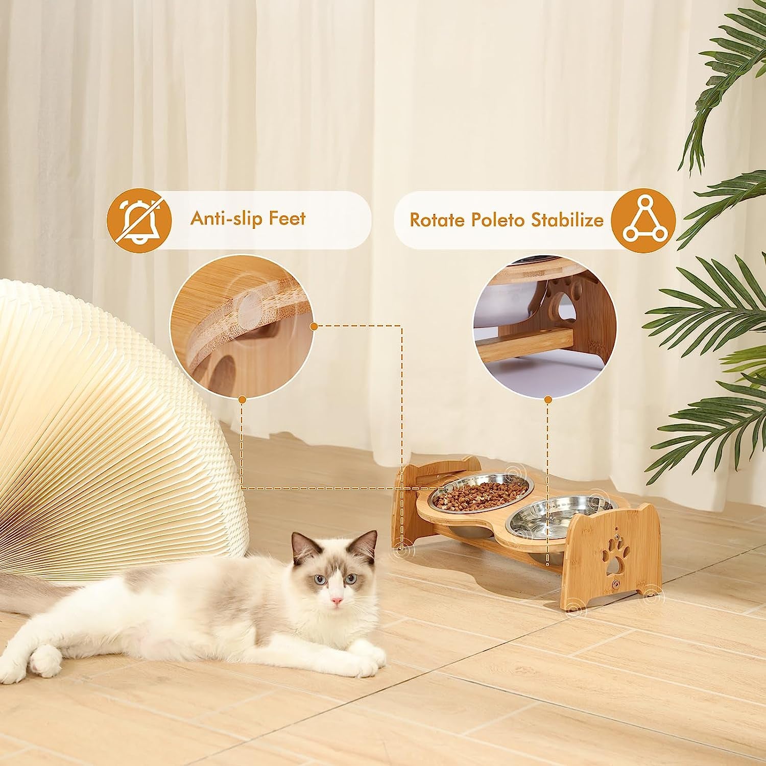 Adjustable Bamboo Raised Dog Bowls for Cats and Dogs - Elevated Food and Water Feeder Set with 2 Stainless Steel Bowls and Anti-Slip Feet (Height 4" to 4.5")