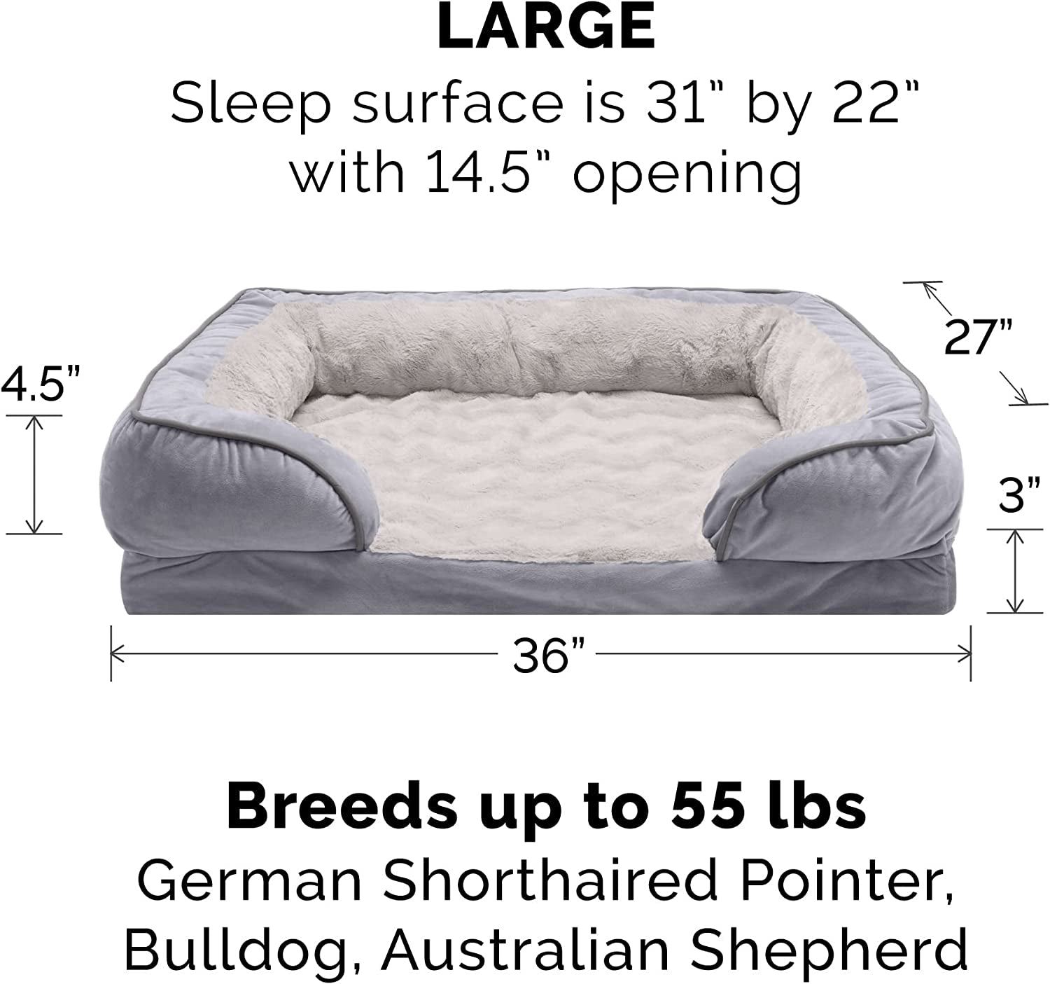 Orthopedic Foam Dog Bed with Washable Velvet Cover - Granite Gray, for Dogs up to 55 lbs - Large Size